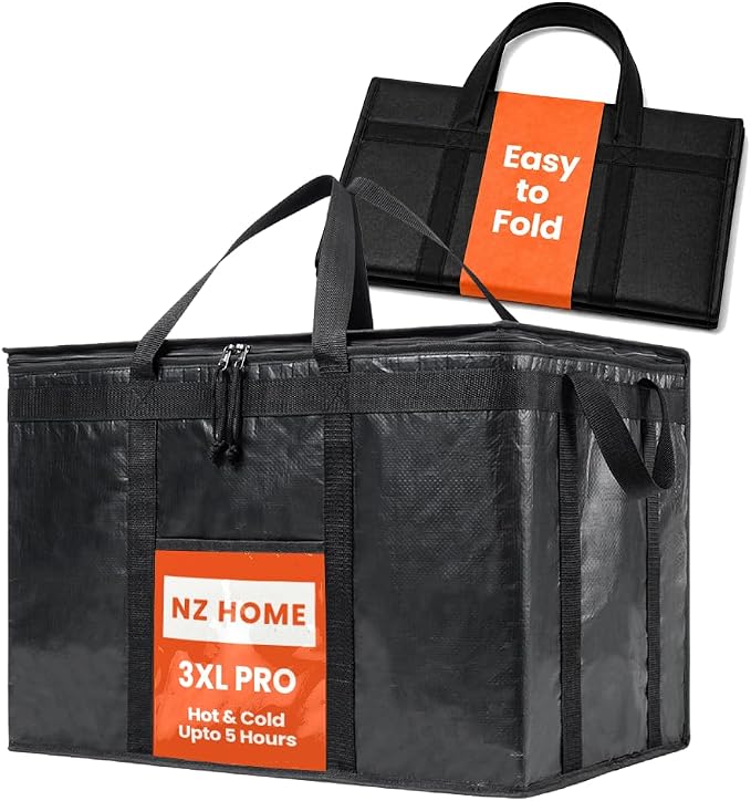 PRO Large Insulated Food Delivery Bag (3XL, Black, 1 Pack) | Thermal bag, For cold & hot food, Water-resistant, Portable cooler, Soft sided catering tote, Grocery bag with zippered top