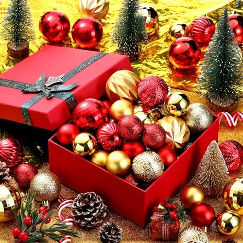 Lunmon 64 Pcs Red and Gold Christmas Ball Ornaments Glitter Xmas Bulbs