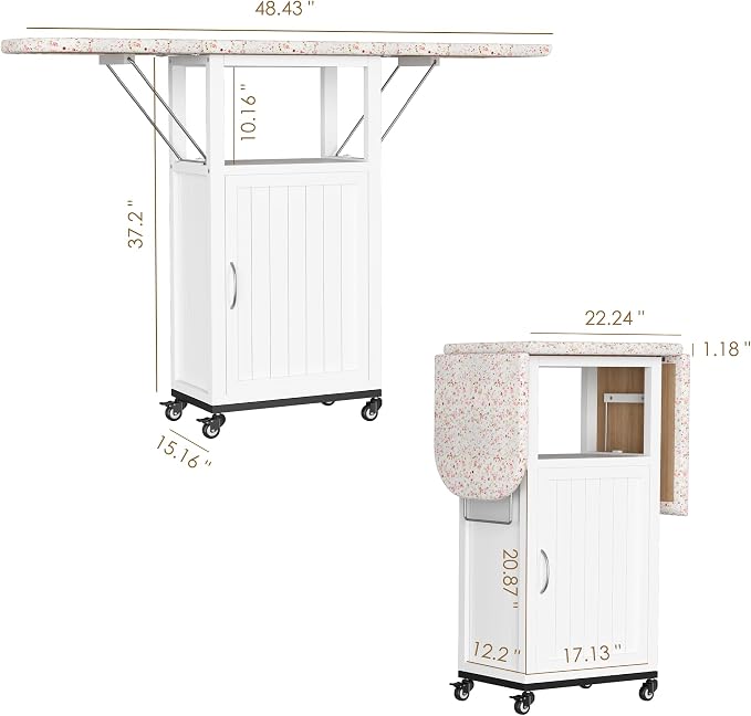 Rolling Ironing Board with Storage Cabinet, Folding Ironing Board, White | Small Ironing Board Cabinet with Wheels, Wooden Fold Down Ironing Station with Heat-Resistant Sponge for Small Space