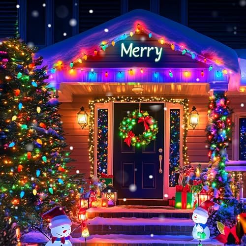 Brightown C9 LED Christmas String Lights, 2 Pack 66ft Multi-Color Outdoor Lights String with 100 Smooth Opaque Bulbs, Plug-in Vintage Roofline Lights String for Outside Patio Christmas Holiday Decor