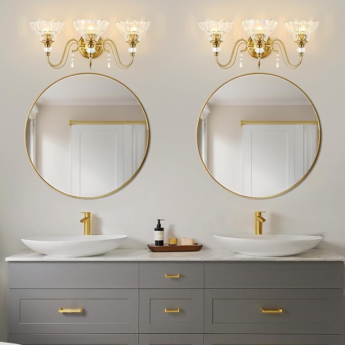 Vintage Bathroom Vanity Light, 3-Light Brushed Gold Finish Wall Sconce with Hanging Crystal Accents and Flower-Shaped Clear Glass Shades, Retro Wall Mount Vanity Light Over Mirror for Bathroom