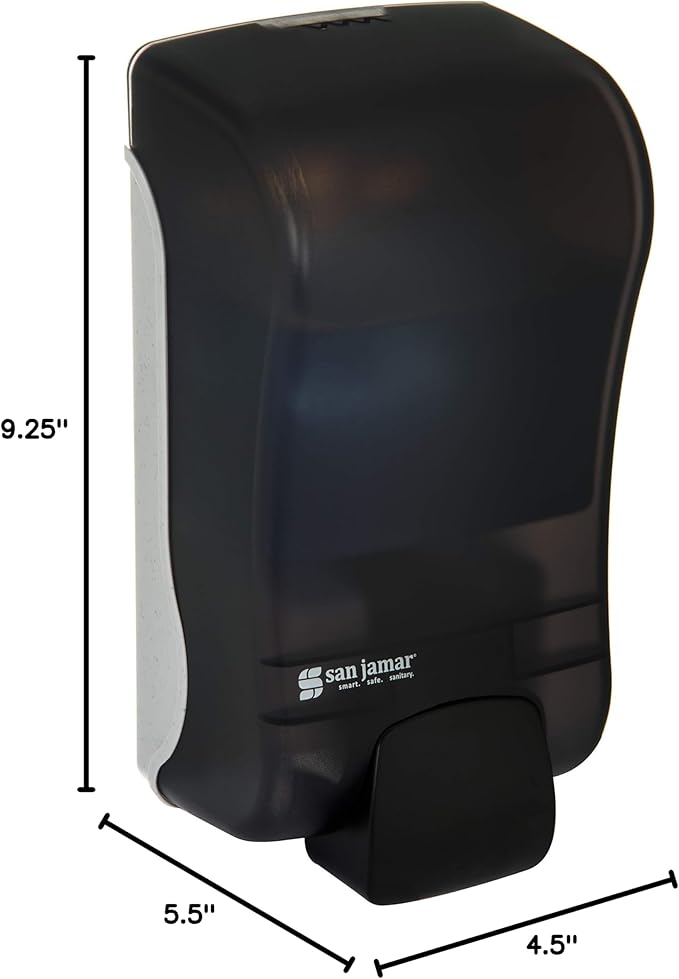 San Jamar Manual Soap Dispenser – 1300 mL Capacity Liquid Dispenser for Bulk Foaming Soaps, Wall Mount, Refillable with Transparent Reservoir Easy Push Bar for Commercial or Office Use, Black Pearl