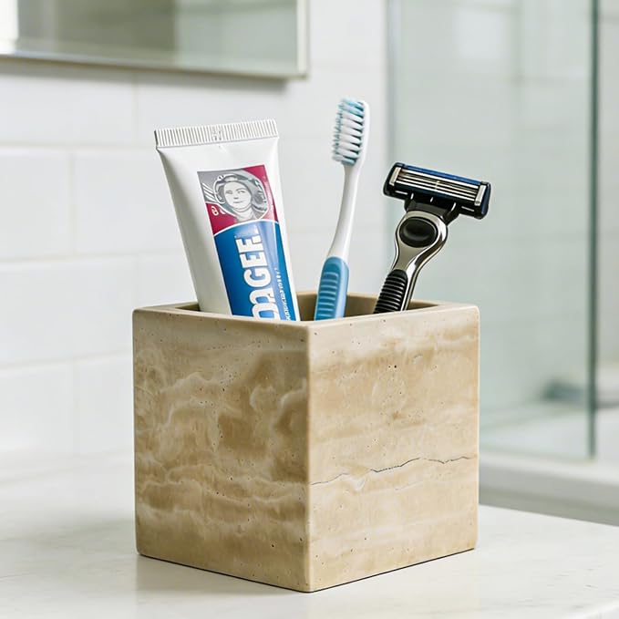 Natural Stone Makeup Brush Holder for Vanity, Marble Toothbrush Holder for Bathroom, Luxurious Countertop Organizer, Travertine Bathroom Accessories Beige Square