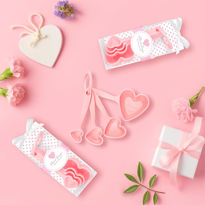 50 Set Heart Measuring Spoons: Wedding Bridal Shower Bulk Party Favors | Plastic heart measuring spoons with boxes and cards. Practical souvenirs for wedding guests and bridal shower.