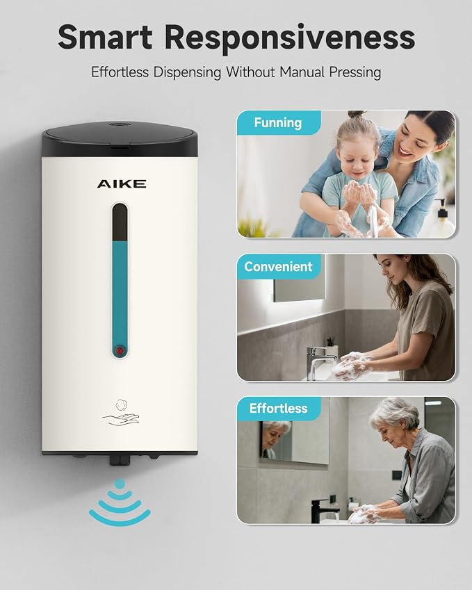 AIKE Automatic Foaming Soap Dispenser 25oz for Bathroom,Mattewhite AK1205FA | Rich Foam and Stainless Steel,No-drill and Screw Wall Mount,5-Level Adjustable and Key for Commercial(Batteries Not Included)