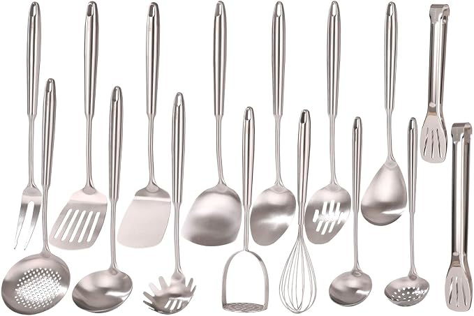 18/10 Stainless Steel Cooking Utensils Set - 16 PCS All Metal Utensils | Kitchen Tools - Whisk, Masher, Fork, Tong, Solid Slotted Spoon, Spatula, Turner, Ladle, Skimmer, Pasta, Small Large Spoon Set