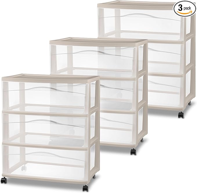 Sterilite 3 Pack Wide 3 Drawer Storage Cart, Rolling Organization, Grey | Clear Plastic Organizer Drawers with Wheels for Craft Supplies, Bath Essentials, or Home Accessories
