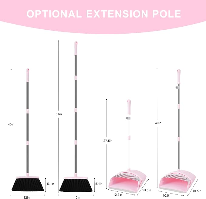 Pink Broom and Dustpan Set for Home, 52-in Long Handle Broom with Dustpan Combo with Dustpan Teeth Easy to Scrape Off Pet Hair, Indoor&Outdoor Sweeping（Pink）
