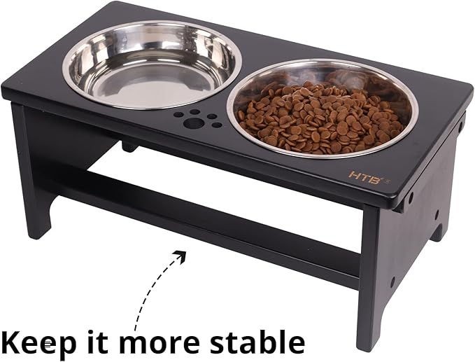 HTB Elevated Dog Bowl Stand with 2 Stainless Steel Bowls-7" H Medium Black | Raised Dog Bowl Stand, 7"tall, 29 Oz Bowls, for Medium Sized Dogs, Pet-safe, Solid Bamboo