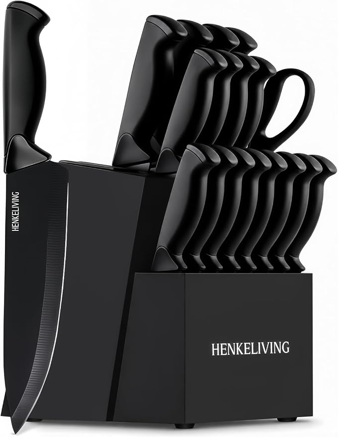 19-Piece Black Kitchen Knife Block Set with Built-in Sharpener | Dishwasher safe, German high-carbon stainless steel blades, ultra-sharp edges, ergonomic non-slip handles