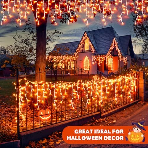 JMEXSUSS Orange Halloween Icicle Lights Outdoor, 800 LED Plug in