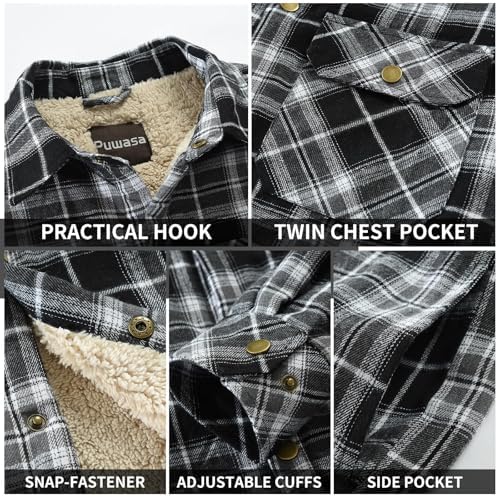 Men's Sherpa Cotton Flannel Shirt Jacket Plaid Button Coat Pocket