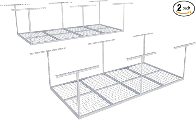 FLEXIMOUNTS 4x8 Overhead Garage Ceiling Storage Rack, 2 Pack, White | 750lbs Weight Capacity, 22"-40" Adjustable Organization System, Heavy-Duty Metal Ceiling Racks, Classic Series