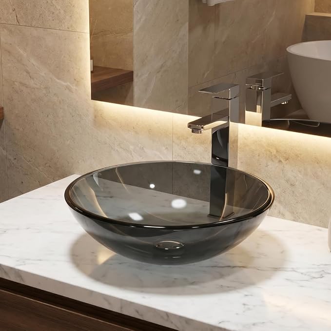 Bathroom Vessel Sink, Tempered Glass Vanity Round Bowl, Bluish Grey | Chrome Faucet, Pop Up Drain, Above Counter, Easy Clean