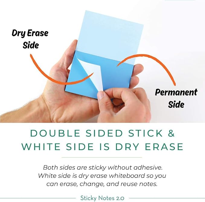 Self-Stick Notes 4x4 inch | Sticks to Any Surface Without Glue | Reusable White Dry Erase | 5 Pack, 500 Sheets (Assorted Colors, 4x4 inches)