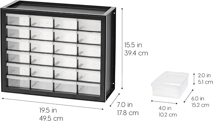 IRIS USA 24-Drawer Plastic Storage Organizer, Made in USA, Teacher Toolbox, Multi Drawer Cabinet For Garage Tools Beads Balloons Building Bricks Crafts Stickers Small Business Scrapbook Art, Black