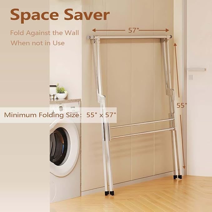 Clothes Drying Rack 2 Tiers, Heavy Duty Drying Rack Clothing Folding Indoor Outdoor, Stainless Steel Laundry Drying Rack, Foldable Garment Rack with 20 Windproof Hooks (84 Inches)