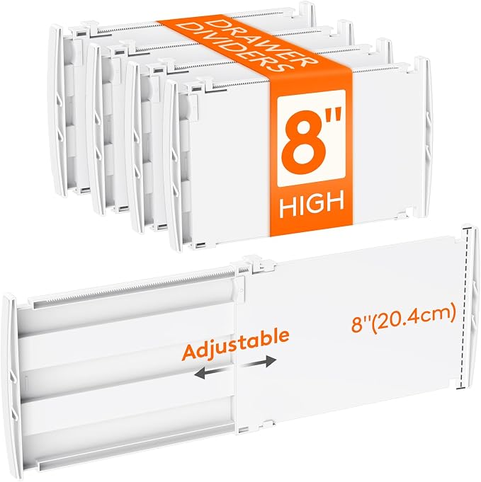 Lifewit 8" Tall 4 Pack Drawer Dividers, 13.8"-22.2" Adjustable Deep Drawer Organizer Clothes, Expandable White Plastic Separators for Dresser, Kitchen, Cabinet, Closet, Office Organization & Storage