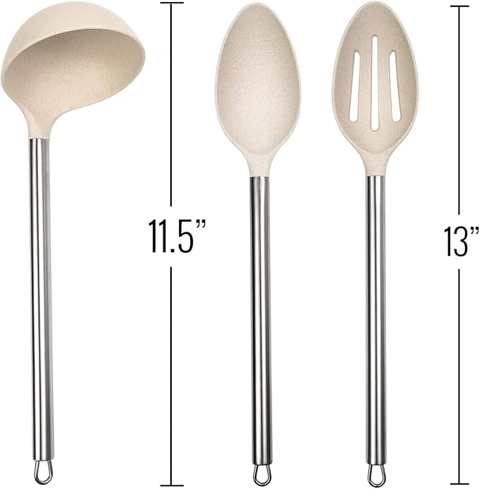 Beille 3pc Wheat Straw Spoons and Ladle Set Cooking Baking Kitchen Utensils, Cream