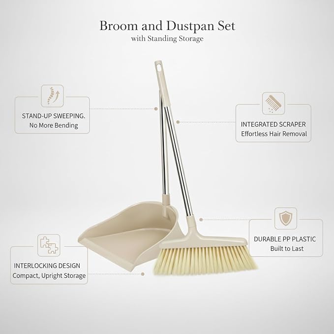 Broom and Dustpan Set with Standing Storage, Interlocking Sweep Kit with Cleaning Edge for Home Cleaning