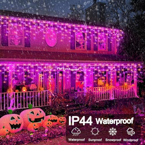 66ft Christmas Lights Outdoor, 640 LED Icicle Lights for Outside, Orange and Purple Twinkle Lights with Connectable Clear Wire 8 Modes Timer Waterproof for House Party Tree Holiday Yard Decorations