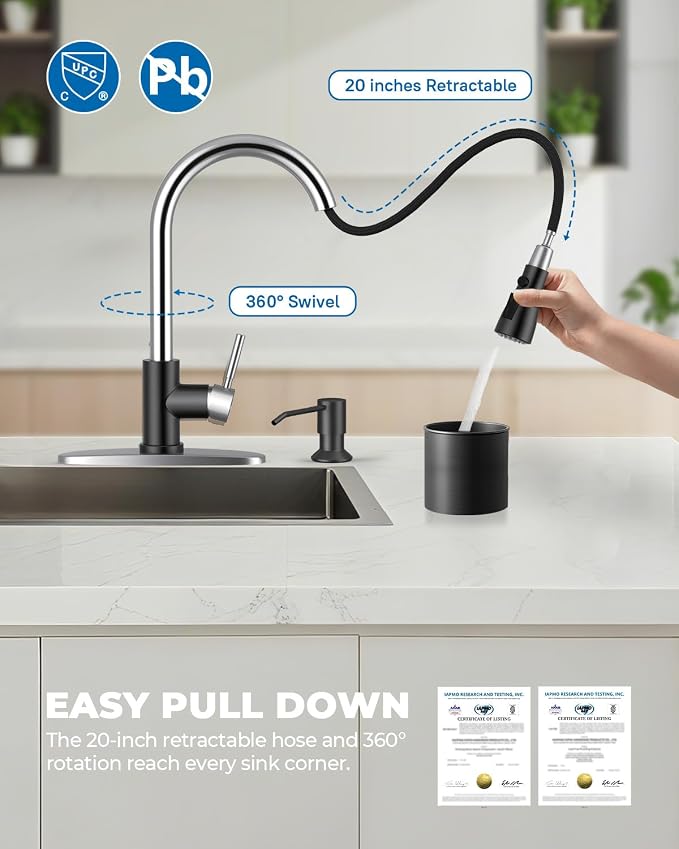 WEWE Kitchen Faucet with Soap Dispenser and Pull Down Sprayer, RV Single Handle Classic 3 Modes Stainless Steel Faucet for Kitchen Sink, RV, Black and Polished Chrome