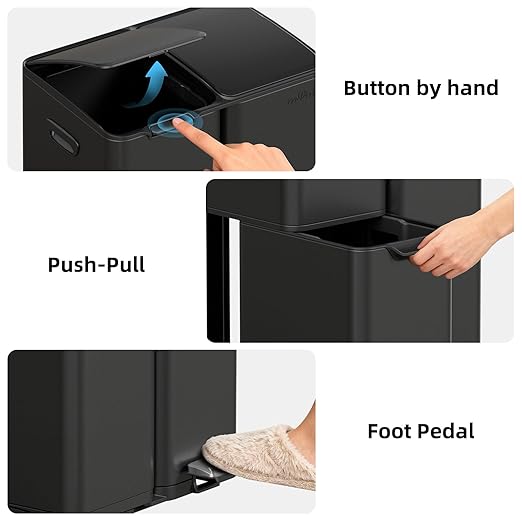 mVm 3 Compartment Kitchen Trash Can, 16 Gal Black Triple Trash Can, Heavy Duty Stainless Steel Garbage Can Anti Fingerprint Recycling Bin for Office