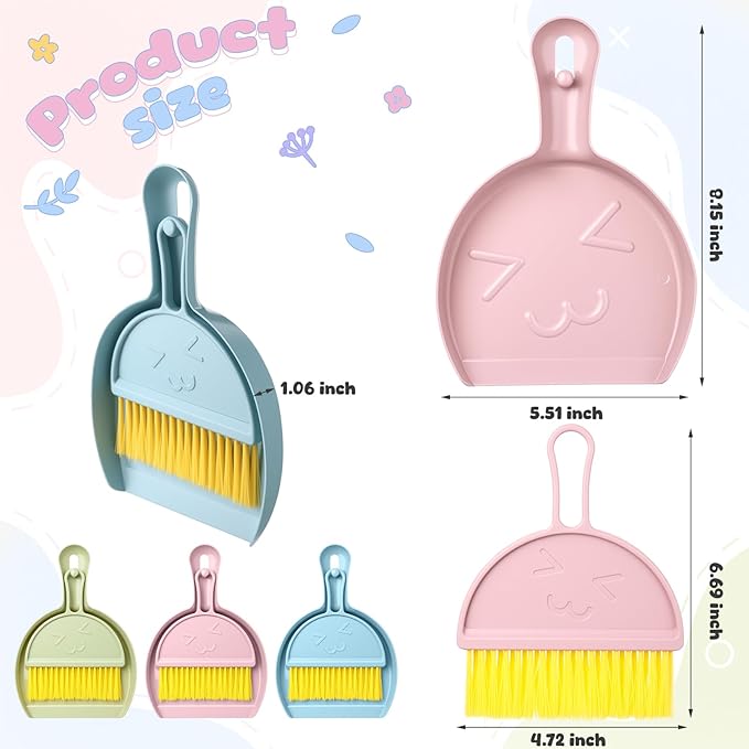 LemonRoad 24 Pcs Mini Broom and Dustpan Set with Handle Nesting Tiny Cleaning Broom Hangable Back to School Supplies for Classroom Office Desk Car Kitchen Camping Pet Area Pastel Colors