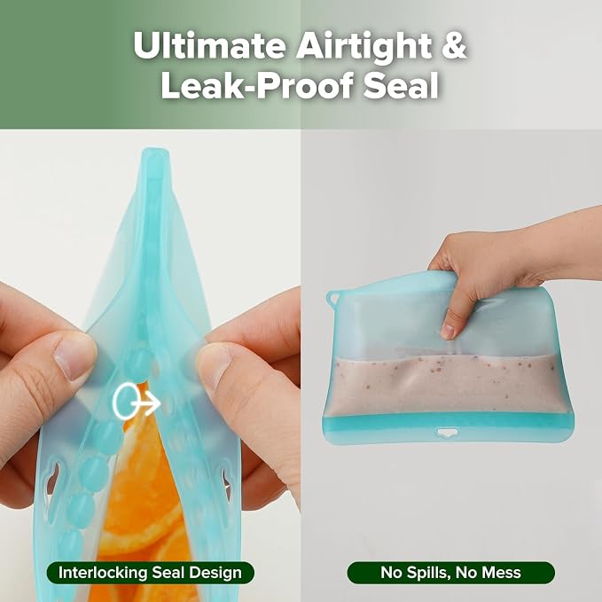 Haakaa Dot Seal Reusable Silicone Food Storage Bags,3 Pack-Silicone Leakproof Freezer & Sandwich Snack Bags,BPA Free Baby Food Containers, Microwave & Dishwasher Safe,Turquoise (16oz, 33oz, 50.7oz)