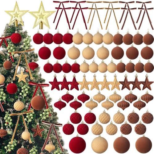 Hollowfly 95 PCS Velvet Christmas Tree Decor Set, Burgundy, Brown, Khaki