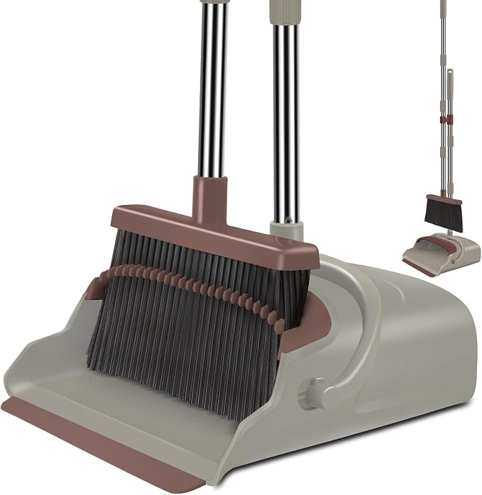 Upgrade Broom and Dustpan Set, Self-Cleaning with Dustpan Teeth, Ideal for Dog Cat Pets Home Use, Super Long Handle Upright Stand Up Broom and Dustpan Set (Brown)