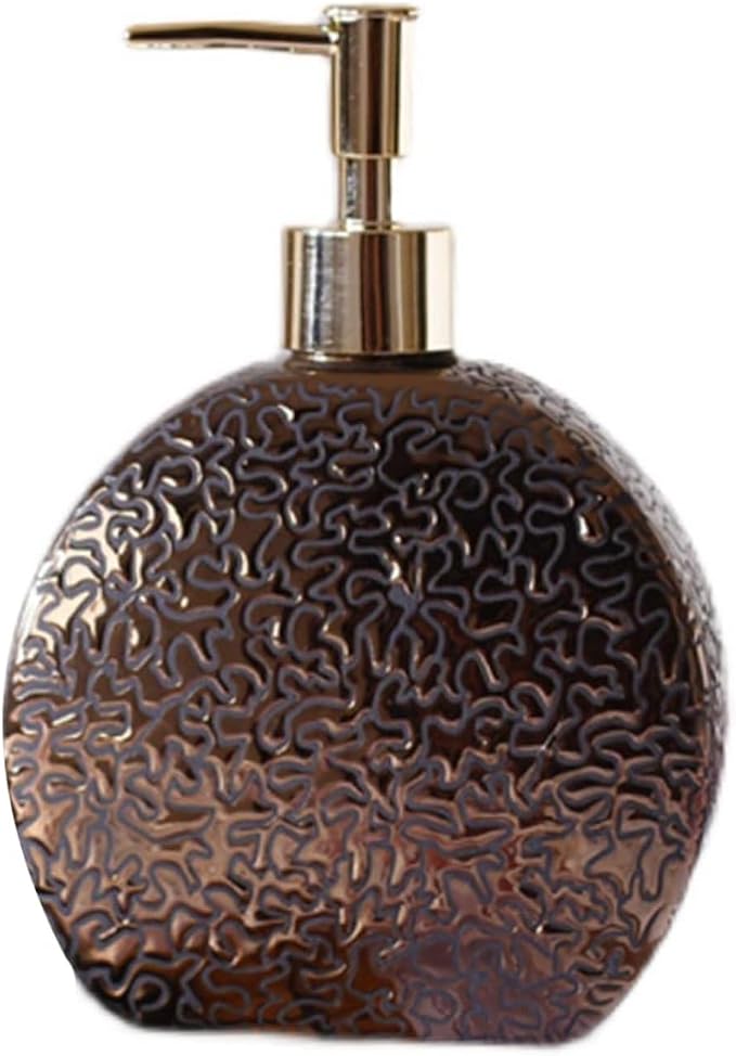 Art Deco Metallic Bronze Ceramic Soap Dispenser with Gold Pump - Elegant Round Refillable Bottle for Luxury Bathroom Decor