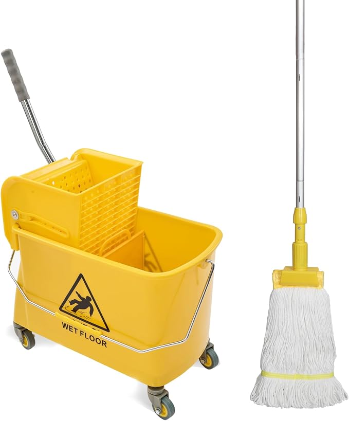 Midoneat Mop Bucket with Wringer, 22 Qt (5.5 Gallon), Wheels,Floor Cleaning | 16.5"L x 10.6"W x 26.4"H, Yellow ,Add One Cotton Mop