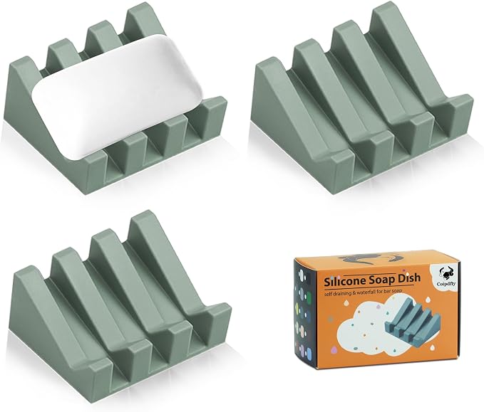 Self Draining Soap Dish Holder,Silicone Soap Dish,for Bathroom,Kitchen, Sponges，Can Extend Soap Life，Keep Soap Bars Dry and Easy Cleaning (N-Green,3-Pack)