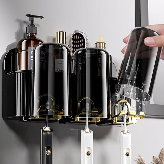 Toothbrush Rack Toothbrush Rack Free Punching Mouthwash Cup Toothbrush Cup Hanging Wall Bathroom Wall-Mounted Shelf Family Set Bathroom Toothbrush Holder(Four Persons)