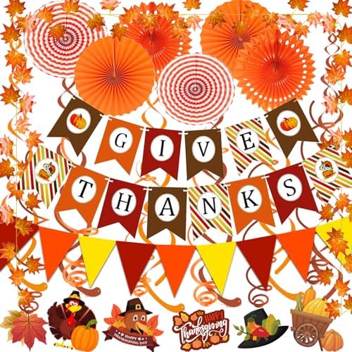 Fecedy Give Thanks Pumpkin Maple leaf Paper Banner Triangle Flag Bunting Maple Leaf Hanging Garland Paper Fan Flower Swirl Streamers for Thanksgiving Day Party Decoration
