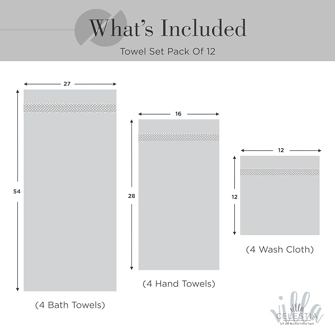 Villa Celestia 12-Piece 100% Cotton Towel Set, 4 Bath Towels, 4 Hand Towels, 4 Wash Cloth, Quick-Dry, Black