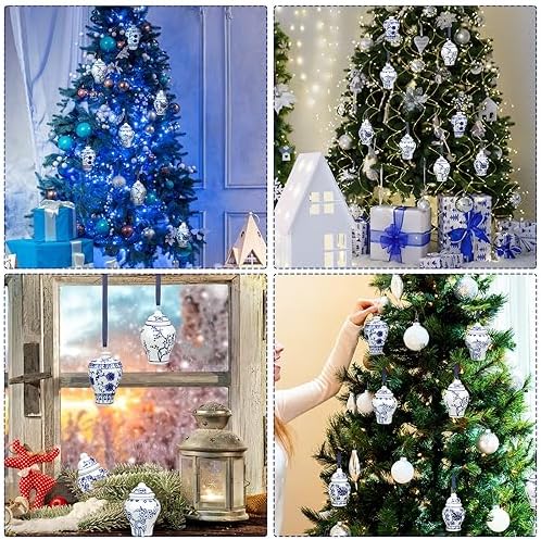 Peryiter 12 Pieces Christmas Chinoiserie Ornaments Mini Ginger Jar Porcelain Blue and White Ornaments Christmas Chinoiserie for Xmas Tree Decoration(Blue White,Retro)