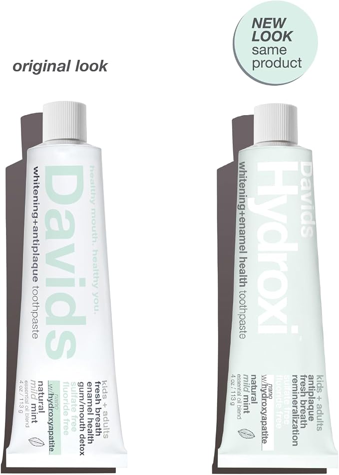 Davids Nano Hydroxyapatite Toothpaste Flouride Free Mild Peppermint 4oz | Fluoride Free | Remineralizing | Enamel Health | Antiplaque | SLS Free | Made in USA | Recyclable Metal Tube | EWG Verified