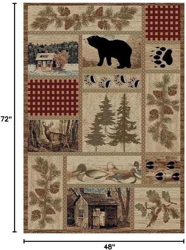Wildlife Elk Bear Print Area Rugs 4x6 Feet Cabin Moose Deer Rugs for Laundry Room Dining Room Entrance Non-Slip Lodge Bear Indoor Decorative Carpet