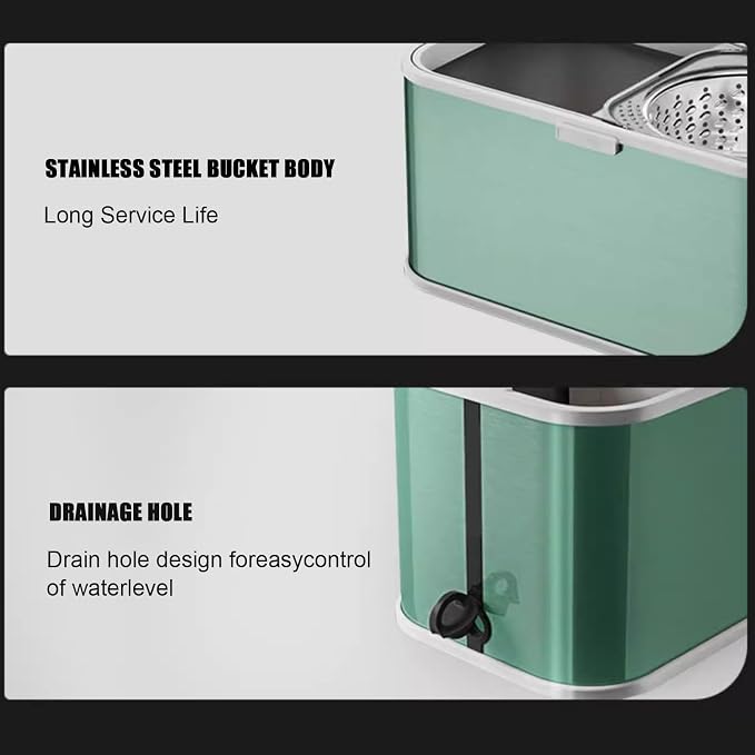 Stainless Steel Spin Mop Bucket Set with 5 Microfiber Mop Heads (Green) | 360° rotating mop head, adjustable handle, rolling wheels, cleans tile, hardwood & laminate floors