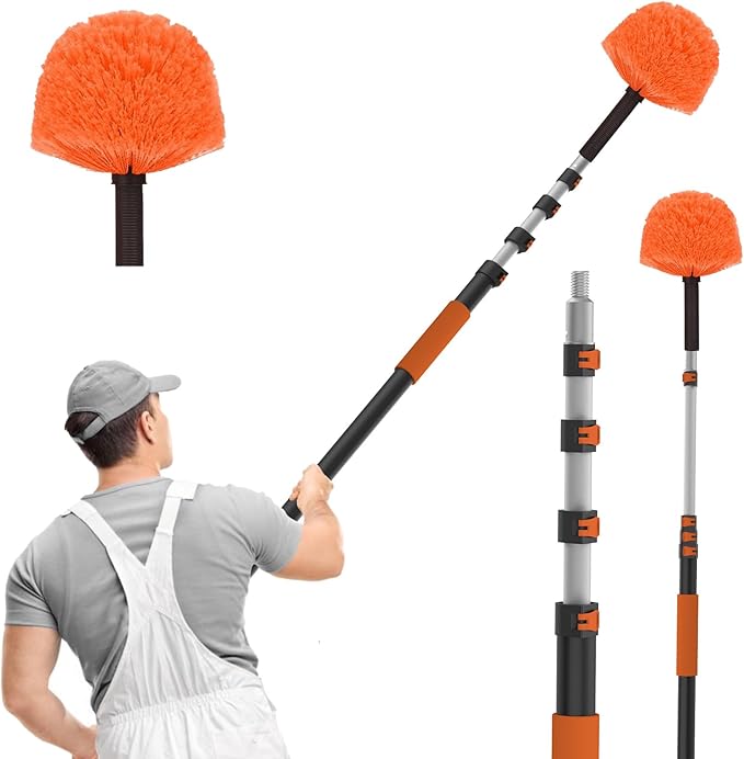 SISUPASSIE 36FT Reach Cobweb Duster with Extension Pole, High Ceiling Long Duster with 7-30FT Telescoping Pole, Spider Web Brush for Indoor Outdoor Use