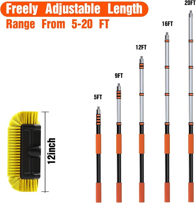 LAANPOLE 20FT Car Wash Brush with Long Handle, Car Cleaning Brush with 12 Inch Soft Bristle, Solar Panels Cleaner with Telescoping Pole for RV, Truck, Boat, House Siding