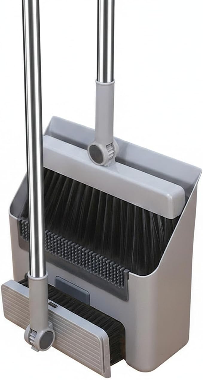 Foldable Broom and Dustpan Set with Squeegee, Stainless Steel Handle for Hard Floors, Compact 1.57-Inch Storage for Kitchen and Bathroom