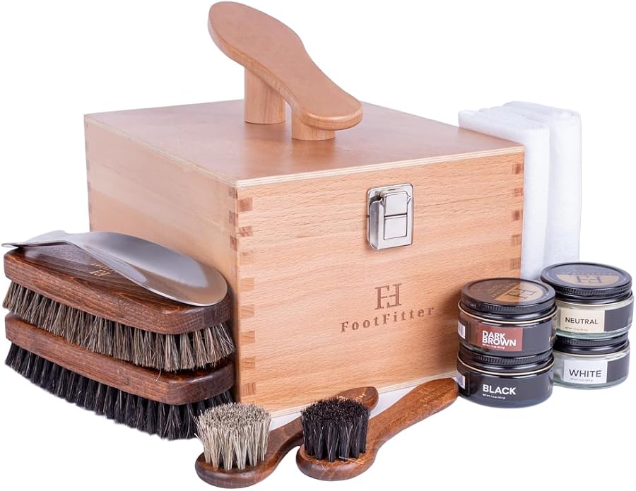 FootFitter Beech Wood Valet Box, Premium Shoe Shine Storage Organizer | Durable Beech Wood Construction with Storage Space for Shoe Care Tools & Attachable Shoe Rest for Cleaning & Polishing