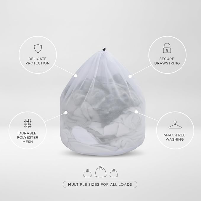 Laundry Mesh Bag with Drawstring, Polyester Net for Delicates, Lingerie, and Knits, White (1 PC)