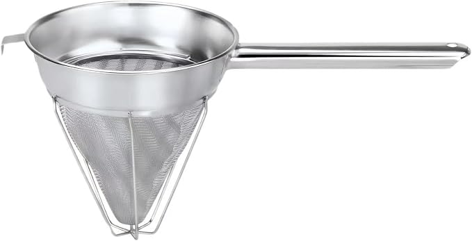 10-Inch Stainless Steel Fine Mesh Chinois Strainer | Large Strainer Reinforced Bouillon Strainer for Sauces, Soups, Purees, Pastes, Jelly, Custard, Curds and etc.