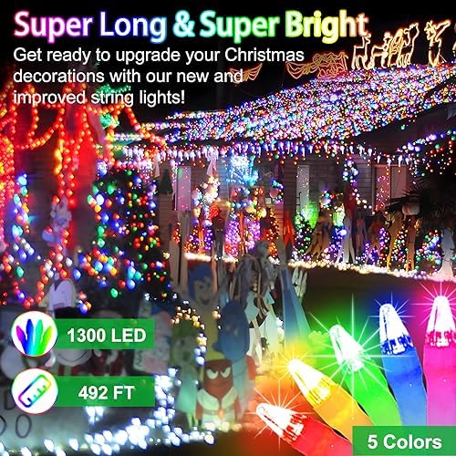 492FT Outdoor Christmas Lights, 1300 LED Super Long String Lights 8 Lighting Modes & Timer Memory, Outsite Waterproof Light Strings for Xmas Tree Garden Wedding Party Holiday Decorations Multicolor
