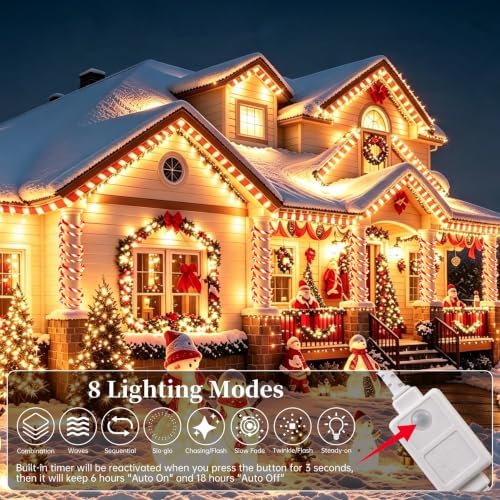 Christmas Candy Cane Lights Outdoor, 66ft White & Red Christmas rope Lights