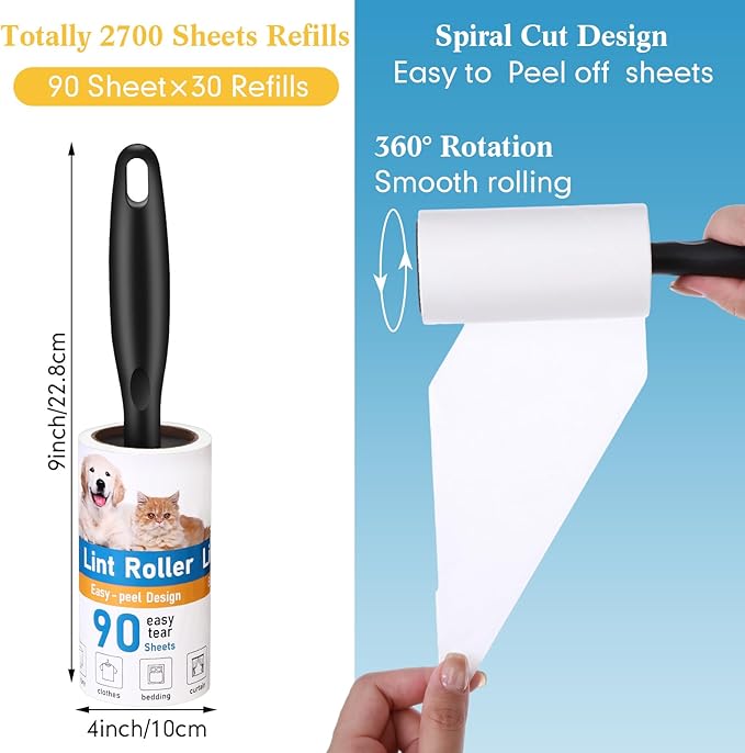 FoldTier 2700 Sheets Lint Rollers for Pet Hair Extra Sticky Portable Lint Remover Brush Roller with 10 Handles 30 Refills Pet Hair Remover for Couch, Clothes Furniture and Carpet Dog Cat